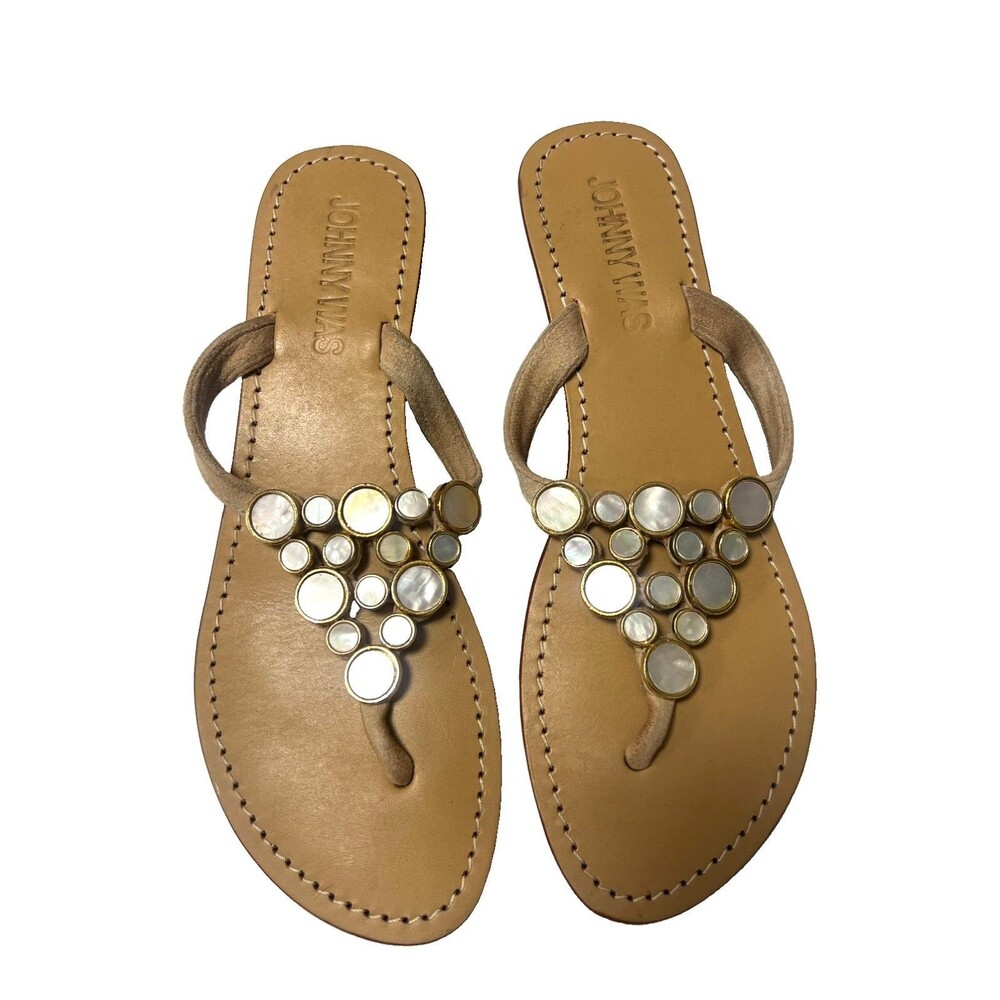 Johnny Was Mother Of Pearl Low Wedge Leather Thong Sandals Boho women’s size 10